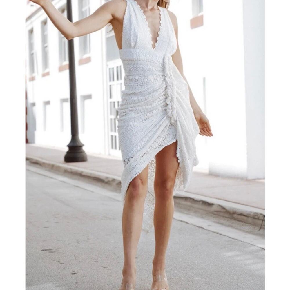 NWT Just Bee Queen Tulum Bali Ruched Crochet Lace Midi Dress White Size M